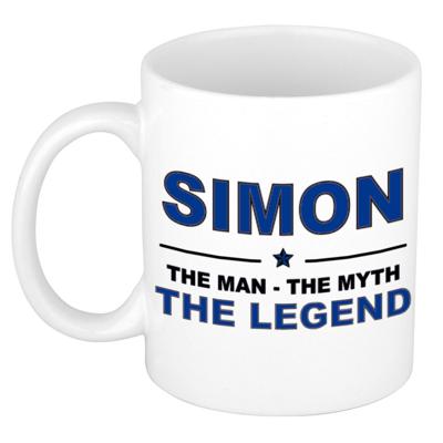 Simon cadeau mok - man myth legend - naam koffiemok / beker - wit en blauw - 300 ml