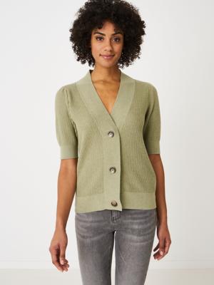 Ribgebreid V-hals cardigan met korte pofmouwen