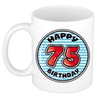 Verjaardag cadeau mok - 75 jaar - blauw - gestreept - 300 ml - keramiek