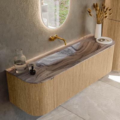 Badmeubel Mondiaz Kurve-Dlux | 150 cm | Meubelkleur Oak | Wastafelkleur Sombra | Solid surface | Wasbak midden spoelbak | Zonder kraangat(en)