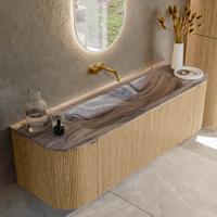 Badmeubel Mondiaz Kurve-Dlux | 150 cm | Meubelkleur Oak | Wastafelkleur Sombra | Solid surface | Wasbak midden spoelbak | Zonder kraangat(en)