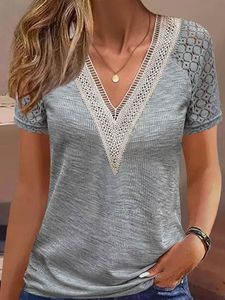 V Neck Patchwork Lace Casual Plain Blouses