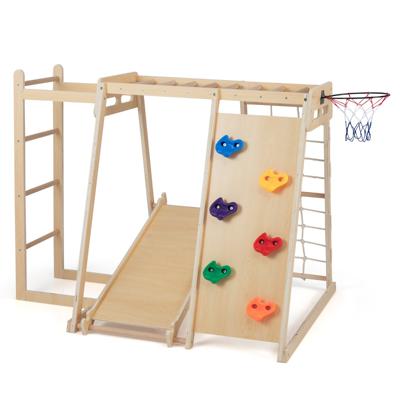 6-in-1 Indoor Klimrek Speeltuin met Glijbaan Klimwand Basketbalring Apenstang Touwnet & Ladder Naturel