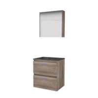 Basic-Line Comfort 46 Badkamermeubelset - 60 x 46 cm - Greeploos - 2 Lades - Hardstenen Wastafel - 1 Kraangat - Spiegelkast - Scotch Oak