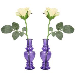 Bloemenvaas Venice - 2x - voor kleine stelen/boeketten - gekleurd glas - ribbel paars - D5,7 x H15 c