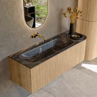 Mondiaz KURVE-DLUX 135 cm Onderkast Greeploos 1 Lade Met Deuren Oak, Wastafel Solid Surface Links Lava 0 Kraangaten Zonder Spiegel (KRVBGM135R1L1D0KL-Oak/Lav)