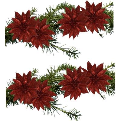 Kerstboomversiering Bloemen - 8x stuks - 9 cm - rood glitter - op clip