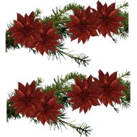 Kerstboomversiering Bloemen - 8x stuks - 9 cm - rood glitter - op clip