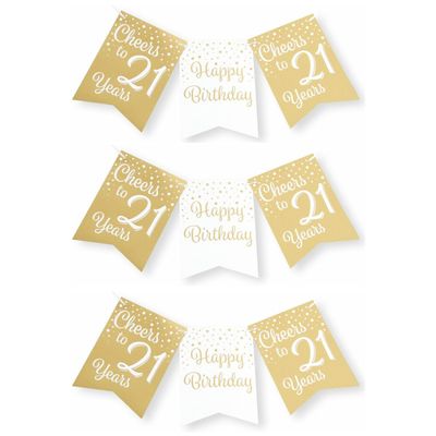 Verjaardag vlaggenlijn 21 jaar - 3x - binnen - karton - wit/goud - 600 cm Verjaardag vlaggenlijn 21 jaar - 3x - binnen - karton - wit/goud - 600 cm
