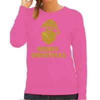 Foute kersttrui/sweater voor dames - Merry Christmas - roze - glitter goud - Kerstman