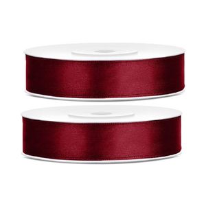 2x Hobby/decoratie bordeaux satijnen sierlinten 1,2 cm/12 mm x 25 meter