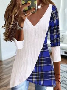 Color Block Plaid Printed Christmas V Neck Texture Casual Top