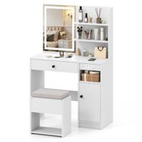 Make-up tafel met Spiegel & Verlichting & Kruk Kaptafel Cosmetica Tafel Wit