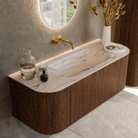 Badmeubel Mondiaz Kurve-Dlux | 120 cm | Meubelkleur Walnut | Wastafelkleur Nata | Solid surface | Wasbak midden spoelbak | Zonder kraangat(en)