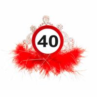 Verjaardag kroontje leeftijd - 40 jaar - tiara - rood - verkeersbord feestartikelen