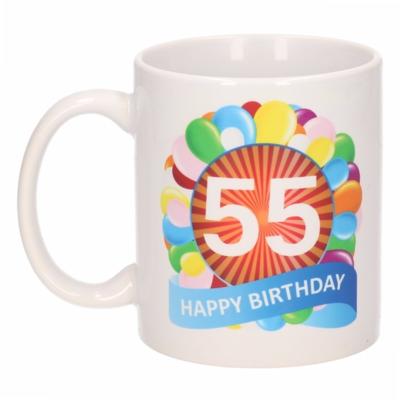 55 jaar Verjaardag koffiemok - cadeau beker - feestelijke ballonnen print - 300 ml - keramiek - wit