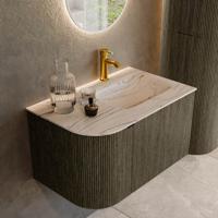 Badmeubel Mondiaz Kurve-Dlux | 75 cm | Meubelkleur Shadow | Wastafelkleur Nata | Solid surface | Wasbak rechter zijde spoelbak | 1 kraangat