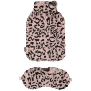 Superzachte fluffy cheetah/luipaard print warmwaterkruik en slaapmasker cadeau set roze   -