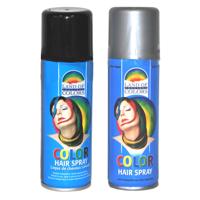 Carnaval verkleed haarverf - haarspray - kleuren zilver en zwart - 125 ml per flacon Carnaval verkleed haarverf - haarspray - kleuren zilver en zwart - 125 ml per flacon