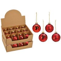 24x stuks luxe gedecoreerde glazen kerstballen rood 6 cm - Kerstbal - thumbnail