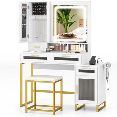 Kaptafel met Verlichte Spiegel Make-Uptafel en Krukset met Oplaadstation 3-Kleurige LED-Verlichting Sieradenkast Lades en Open Plank