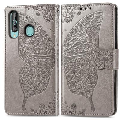 Butterfly Love bloemen reliëf horizontale Flip lederen case voor Galaxy A60 met houder & kaartsleuven & portemonnee & Lanyard (grijs)