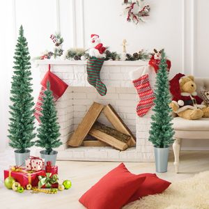 90/120/150cm Kunstkerstboom Set van 3 Slanke Potloodbomen met 120 + 140 + 160 Takpunten en met Cement Gevulde Metalen Voetstukken
