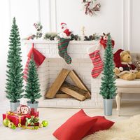 90/120/150cm Kunstkerstboom Set van 3 Slanke Potloodbomen met 120 + 140 + 160 Takpunten en met Cement Gevulde Metalen Voetstukken
