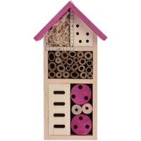 Insectenhotel huisje - roze dak - 13 x 9 x 26 cm - hout - bijenhuis/vlinderhuis