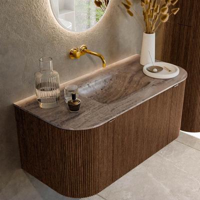 Badmeubel Mondiaz Kurve-Dlux | 100 cm | Meubelkleur Walnut | Wastafelkleur Oza | Solid surface | Wasbak midden spoelbak | Zonder kraangat(en)