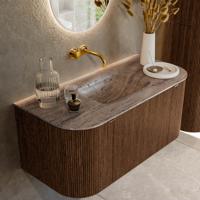 Badmeubel Mondiaz Kurve-Dlux | 100 cm | Meubelkleur Walnut | Wastafelkleur Oza | Solid surface | Wasbak midden spoelbak | Zonder kraangat(en)