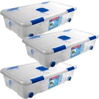 Opbergbox met deksel en wieltjes - 3x - 30L - kunststof - transparant - 73 x 41 x 17 cm
