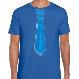 Verkleed t-shirt voor heren - stropdas glitter blauw - blauw - carnaval - foute party