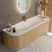 Mondiaz KURVE 150 cm Onderkast Greeploos 1 Lade Met Deuren Oak, Wastafel Solid Surface Midden Talc 1 Kraangat Zonder Spiegel (KRVBGM150L+R1L2D1KM-Oak/Tal)