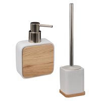 Badkamer/toilet accessoires set - WC-borstel in houder en zeeppompje - wit - bamboe - 200 ml - thumbnail