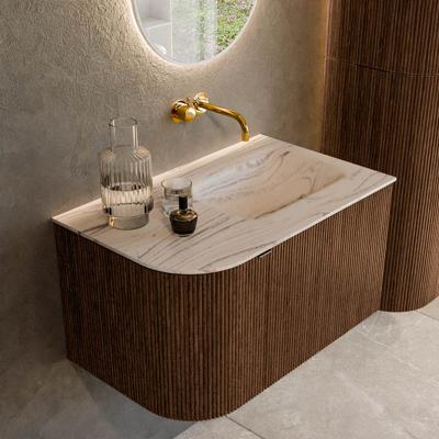 Badmeubel Mondiaz Kurve-Dlux | 75 cm | Meubelkleur Walnut | Wastafelkleur Nata | Solid surface | Wasbak rechter zijde spoelbak | Zonder kraangat(en)