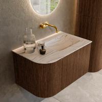 Badmeubel Mondiaz Kurve-Dlux | 75 cm | Meubelkleur Walnut | Wastafelkleur Nata | Solid surface | Wasbak rechter zijde spoelbak | Zonder kraangat(en)