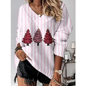 Dames Trui Kerst Truien V-hals Geribd breien Polyester Afdrukken Gebreid Herfst Winter Normaal Buiten Kerstmis Uitgaan Dagelijks Stijlvol Casual Lange mouw Kerstman Blozend Roze Rood Groen S M L miniinthebox