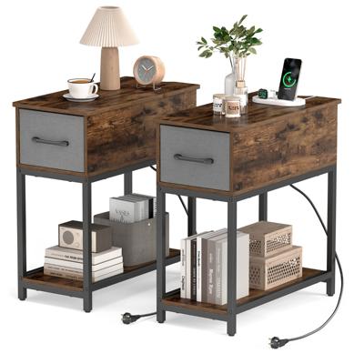 Bijzettafel met Oplaadstation en Ledverlichting Nachtkastje in Industriële Stijl met met Stof Beklede Lades en Open Planken (Set van 2)