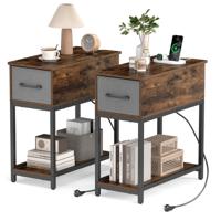 Bijzettafel met Oplaadstation en Ledverlichting Nachtkastje in Industriële Stijl met met Stof Beklede Lades en Open Planken (Set van 2)