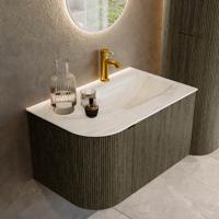 Badmeubel Mondiaz Kurve-Dlux | 75 cm cm | Meubelkleur Shadow | Wastafelkleur Ostra | Solid surface | Wasbak rechter zijde spoelbak | 1 kraangat