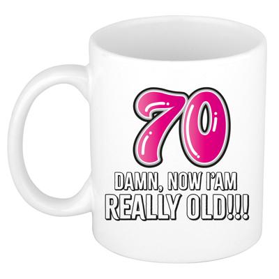 Verjaardag cadeau mok 70 jaar - nu ben ik echt oud! - roze - 300 ml - keramiek