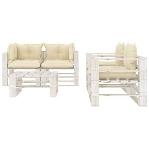 The Living Store Pallet loungeset - 2 hoekbanken - 1 tafel - 2 armstoelen - Grenenhout - 70x67.5x60.8 cm - Crème/wit
