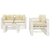 The Living Store Pallet loungeset - 2 hoekbanken - 1 tafel - 2 armstoelen - Grenenhout - 70x67.5x60.8 cm - Crème/wit - thumbnail