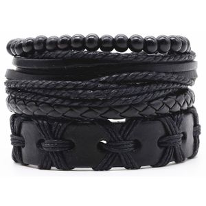 Leren armbanden set met houten kralen zwart