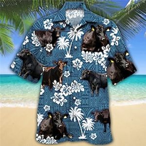 Voor heren Overhemd Hawaiiaans overhemd Bloemig Koe Grafische prints Strijkijzer blauw Casual Hawaii Korte mouw Afdrukken Button-omlaag Kleding Tropisch Modieus Hawaii Zacht Lightinthebox