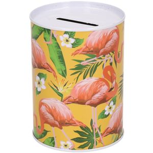 Metalen gele spaarpot flamingos 7.5 x 10 cm   -