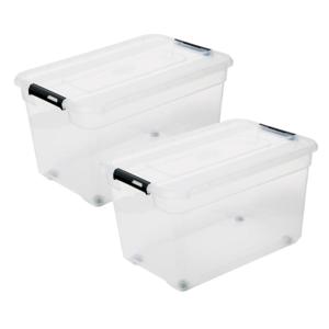 5Five opberg kist met deksel - 2x - Box - 52 liter - 58 x 39 x 34 cm - kunststof - transparant
