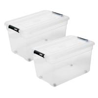 5Five opberg kist met deksel - 2x - Box - 52 liter - 58 x 39 x 34 cm - kunststof - transparant