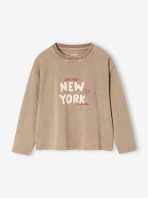 T-shirt New York met fluorescerende accenten, lange mouwen, meisjes zandbeige